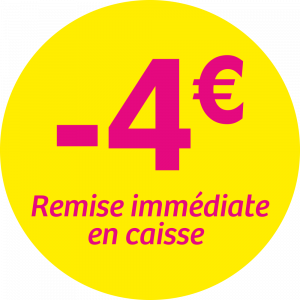 Adhésif REMISE -4€ remise immédiate en caisse - magenta fond jaune