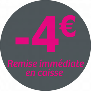 Adhésif REMISE -4€ remise immédiate en caisse - magenta sur gris foncé